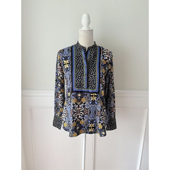 Loft Petites Blue & Yellow Floral Geometric Popover Blouse SP 100% Polyester Lon - Picture 2 of 5